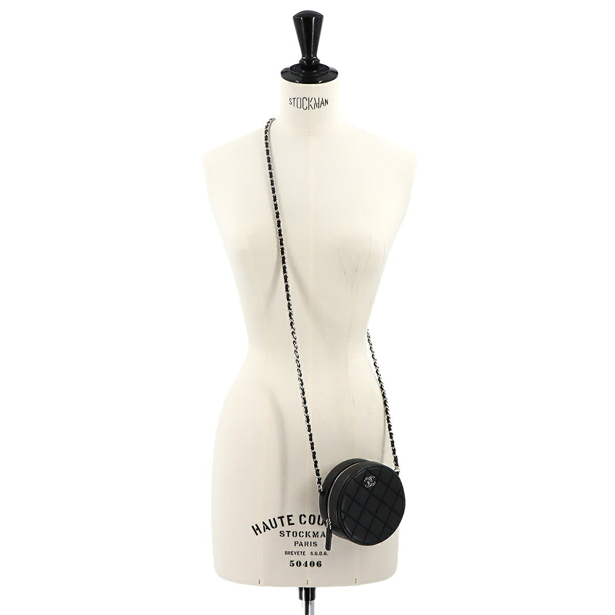 Matelasse Chain Shoulder Bag Leather Black Round AP1126 Purse