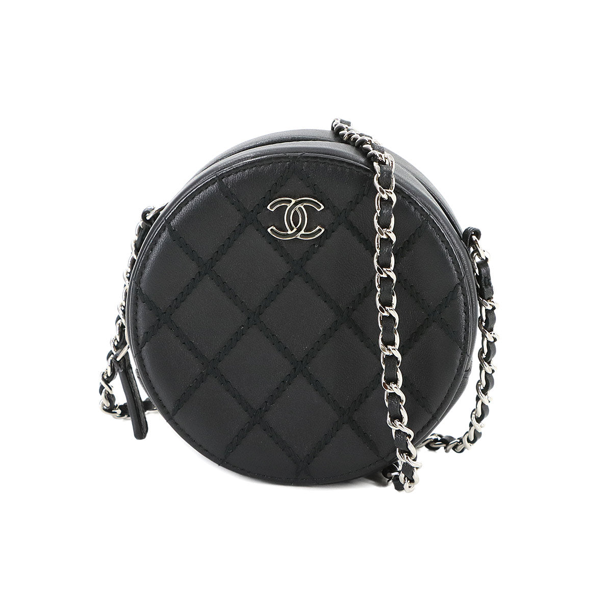 Matelasse Chain Shoulder Bag Leather Black Round AP1126 Purse