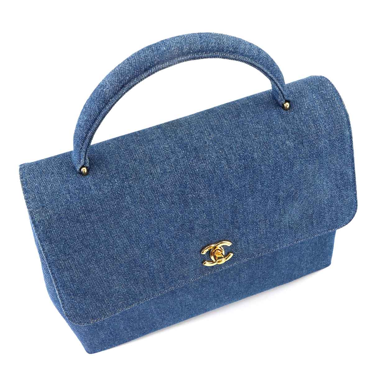 Hand Bag Denim Leather Blue Vintage Coco Logos Purse