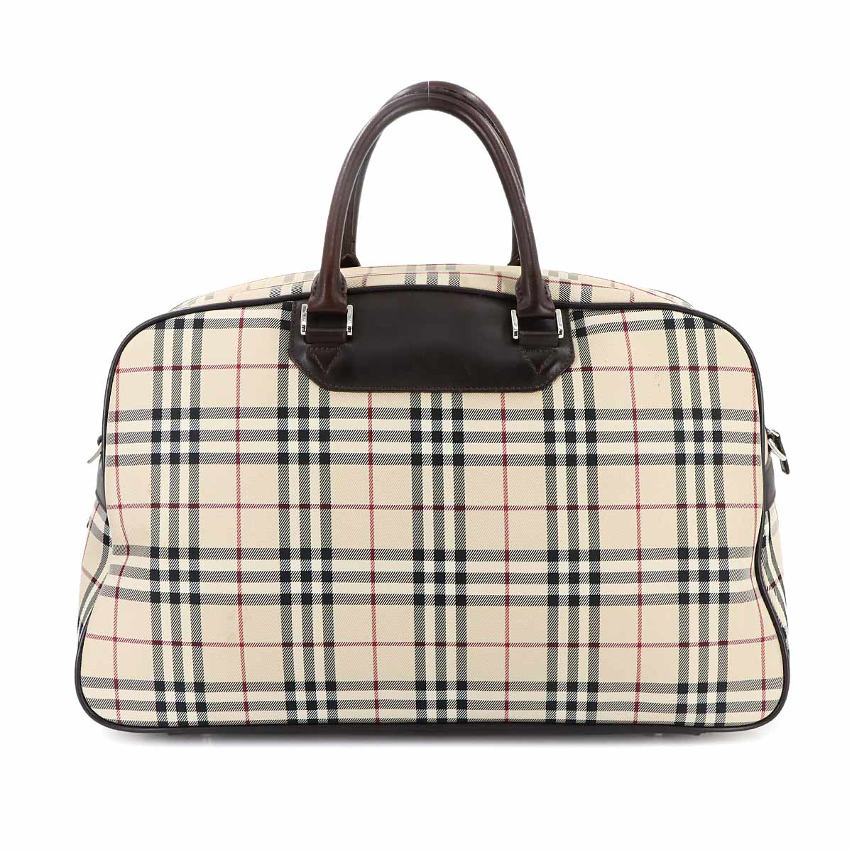 Plaid Boston Shoulder Bag Canvas Leather Beige Brown