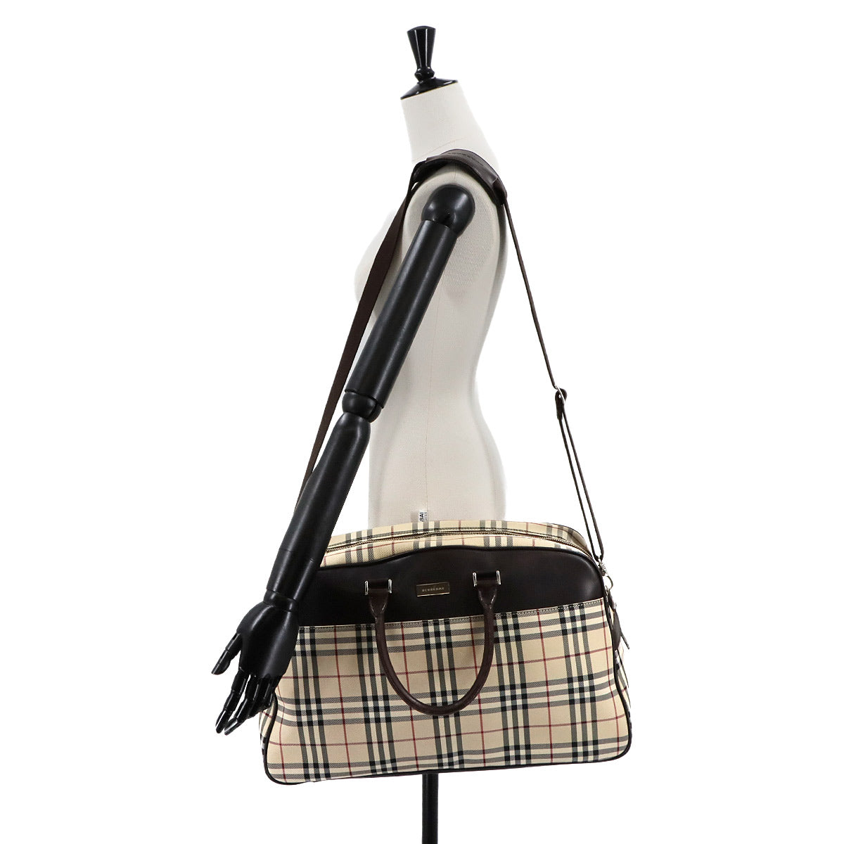 Plaid Boston Shoulder Bag Canvas Leather Beige Brown