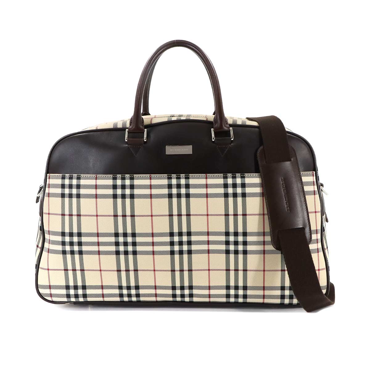 Plaid Boston Shoulder Bag Canvas Leather Beige Brown