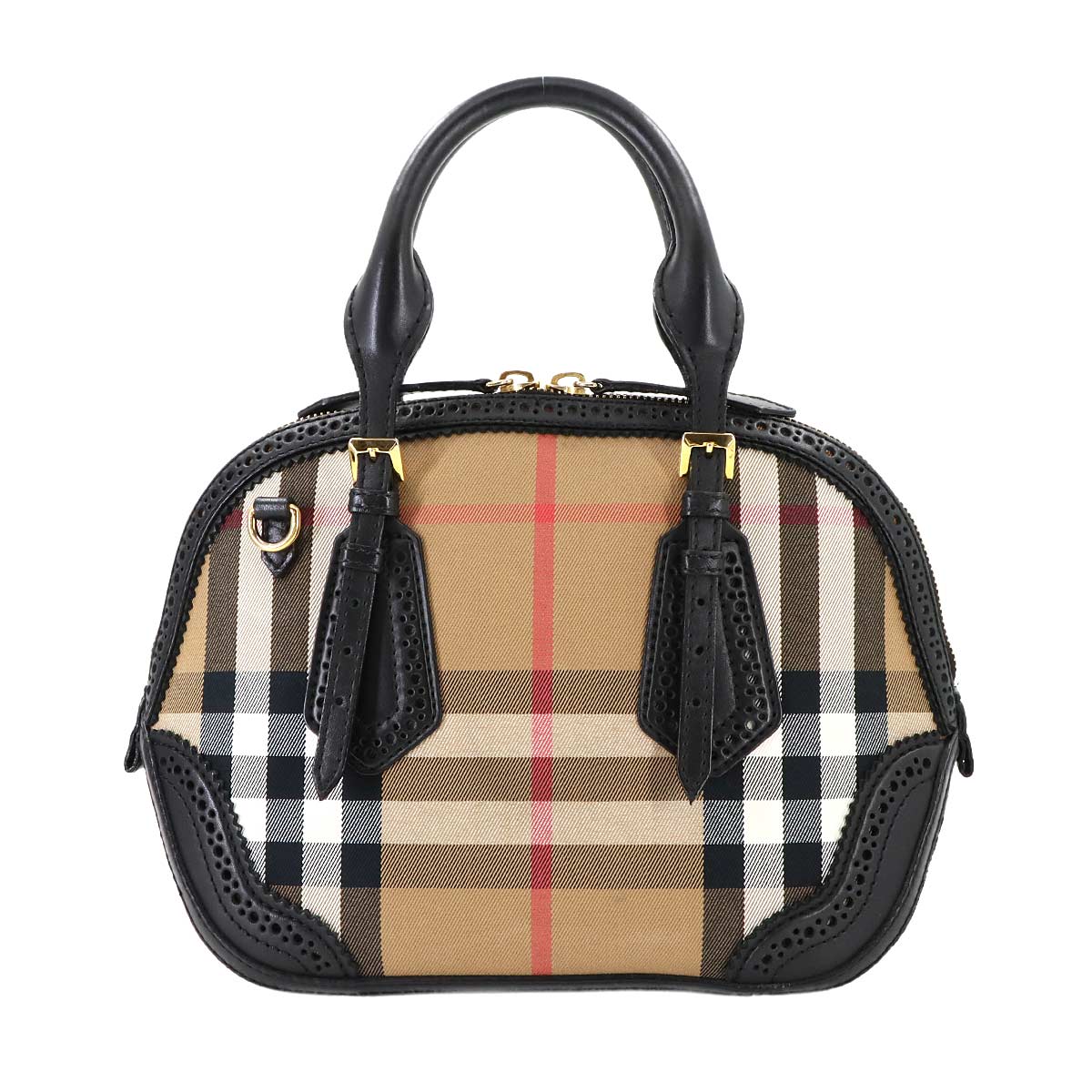 Plaid Hand Shoulder Bag Canvas Leather Beige Black 3885821