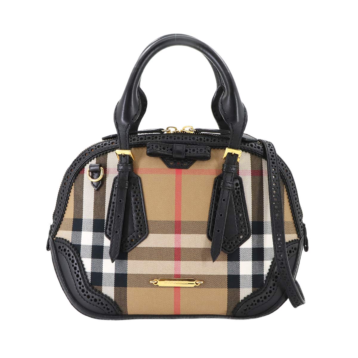 Plaid Hand Shoulder Bag Canvas Leather Beige Black 3885821