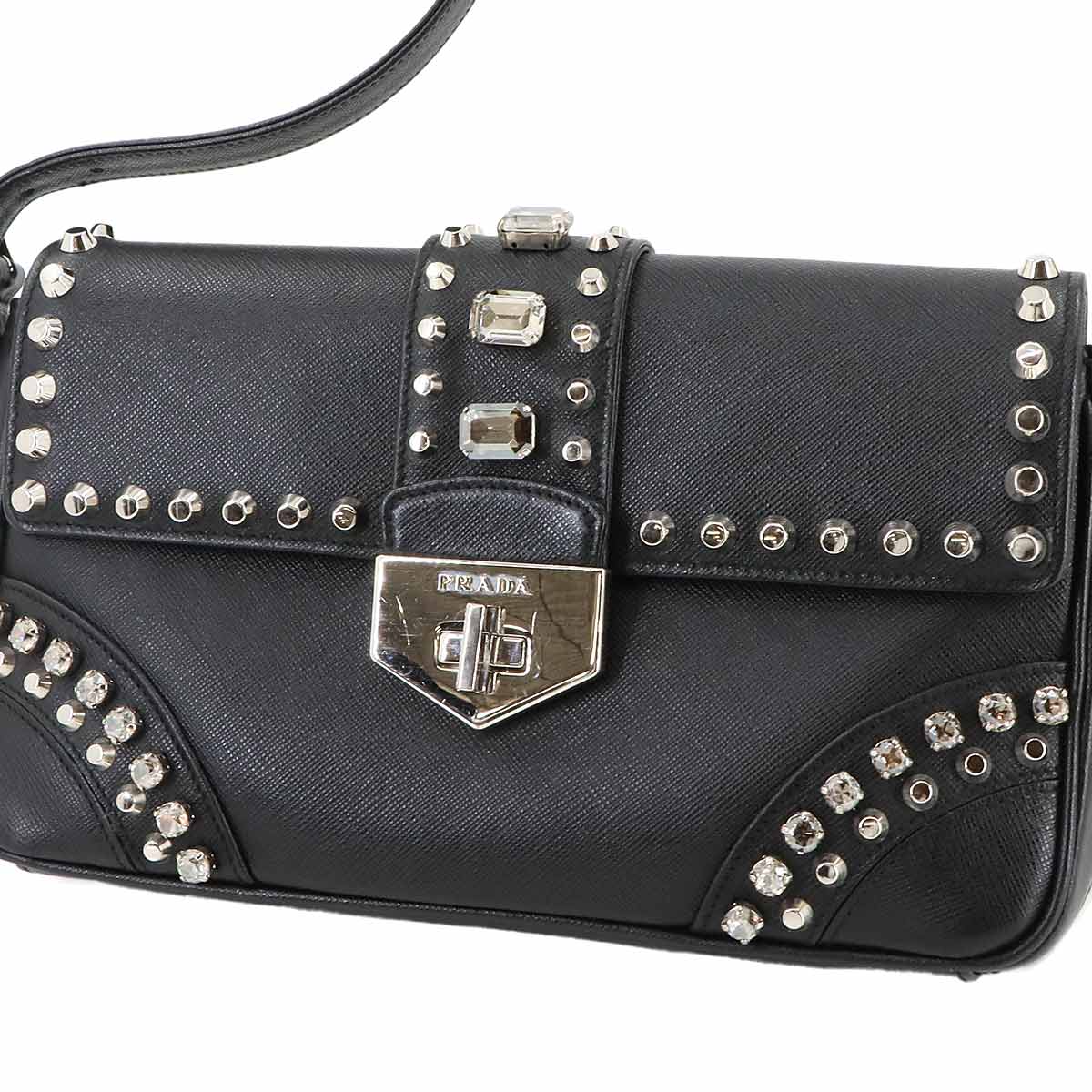 Bijou Studs Shoulder Bag Saffiano Leather Black BR5084 Purse