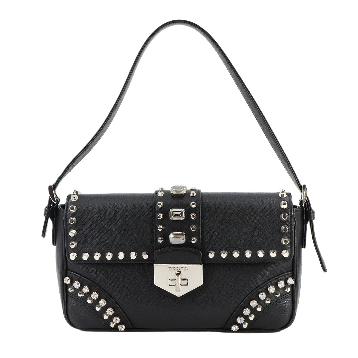 Bijou Studs Shoulder Bag Saffiano Leather Black BR5084 Purse