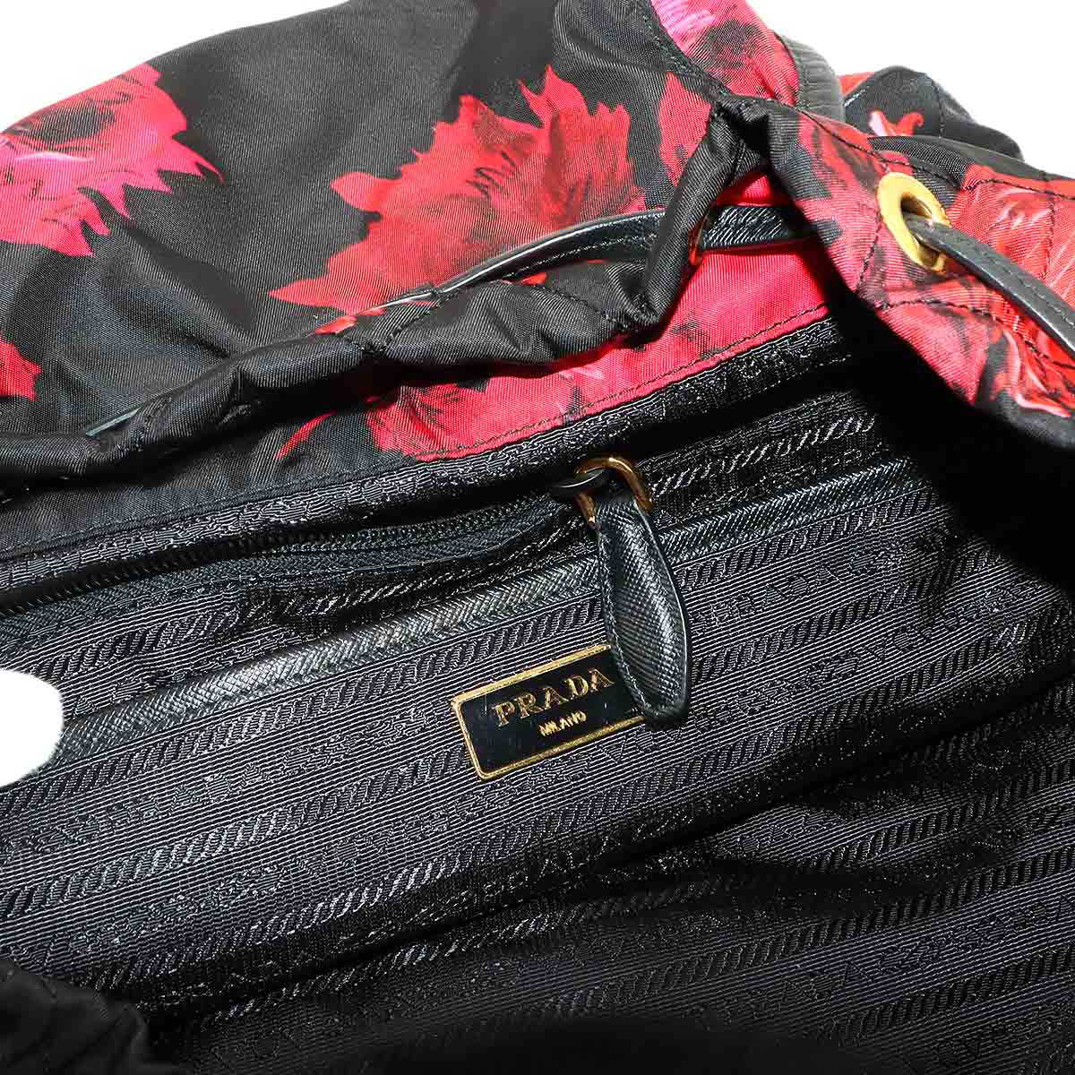 Backpack Nylon Saffiano Leather Black Flower Print 1BZ811