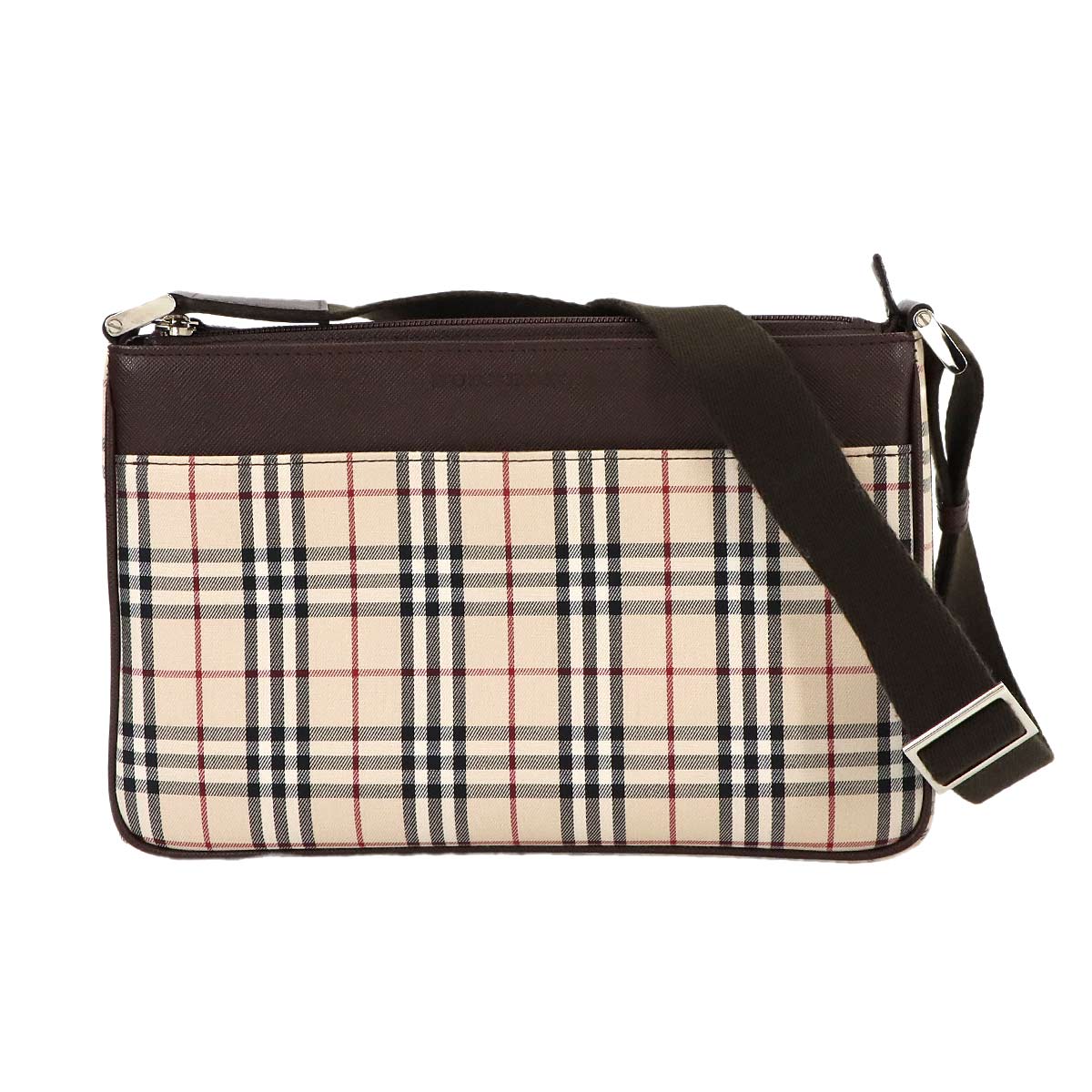 Plaid Shoulder Bag Canvas Leather Beige Brown Purse