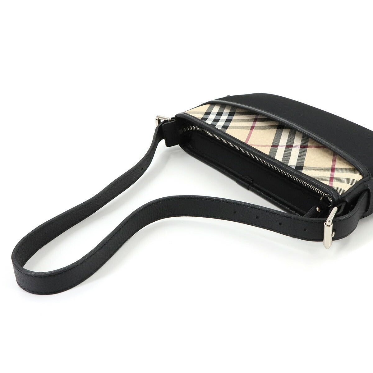 Plaid Shoulder Bag Canvas Leather Beige Black Purse