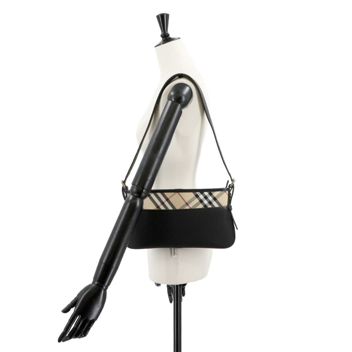 Plaid Shoulder Bag Canvas Leather Beige Black Purse