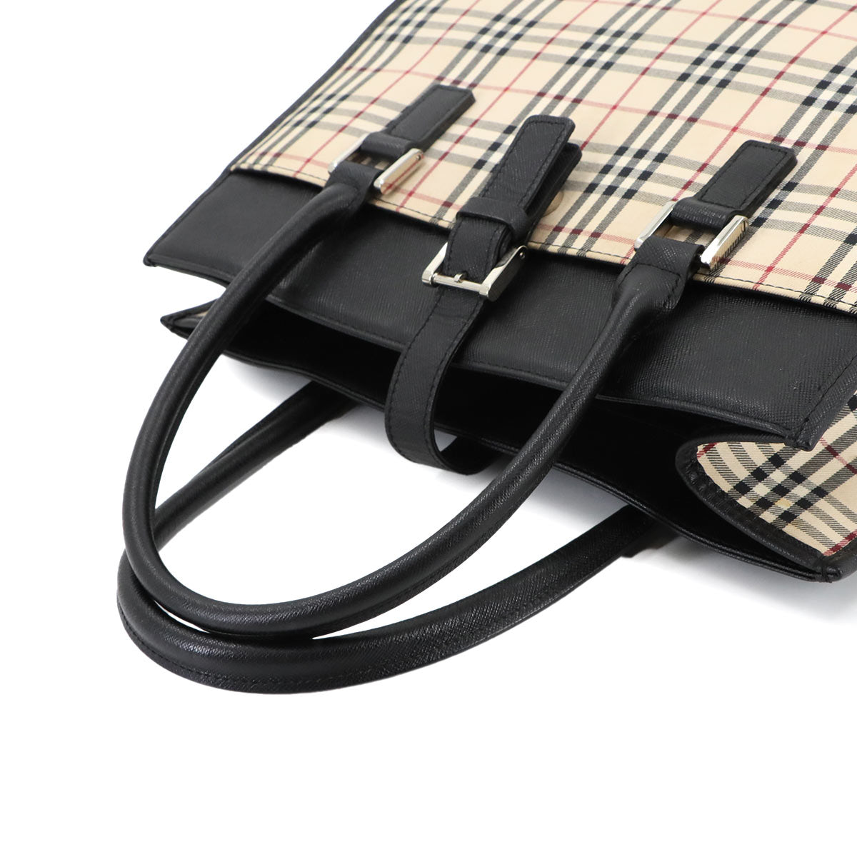 Plaid Hand Bag Canvas Leather Beige Black Purse