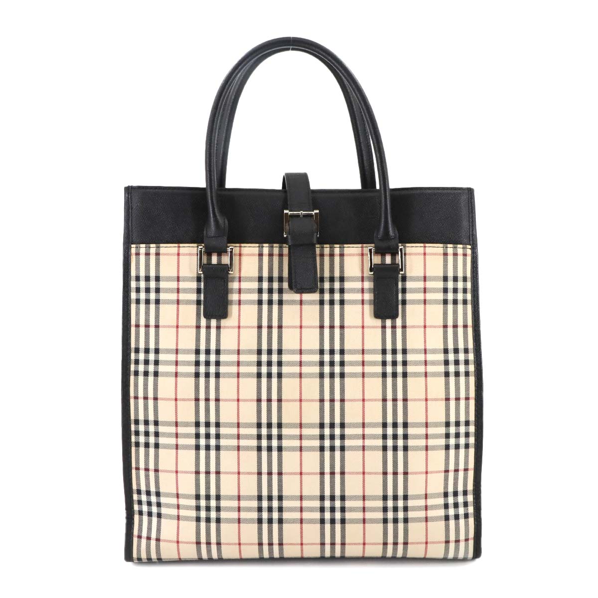 Plaid Hand Bag Canvas Leather Beige Black Purse
