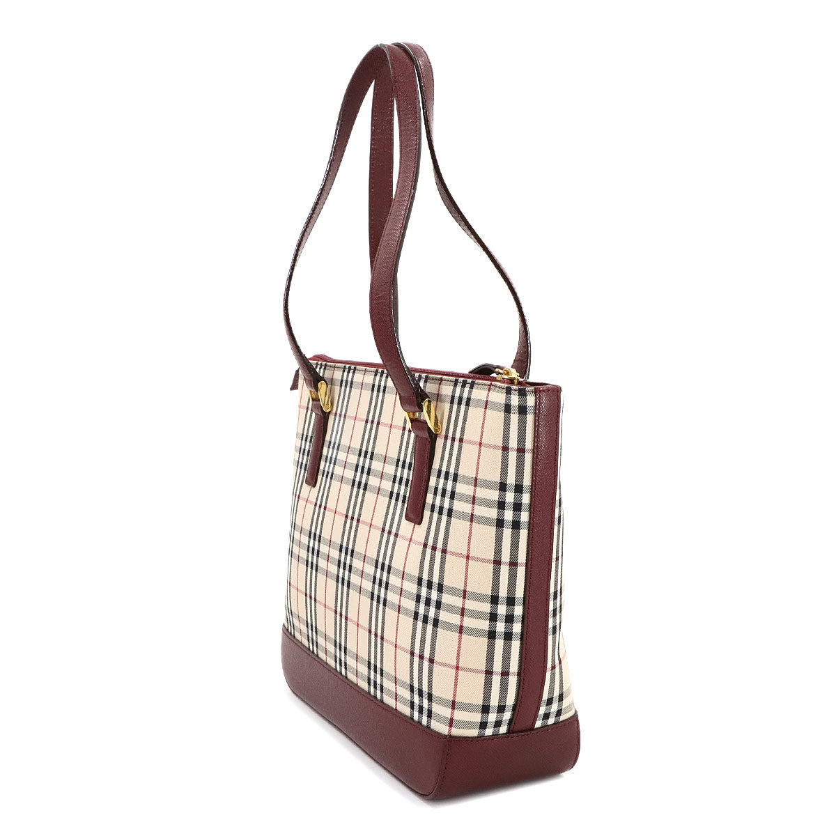 Plaid Hand Bag Canvas Leather Beige Red Purse
