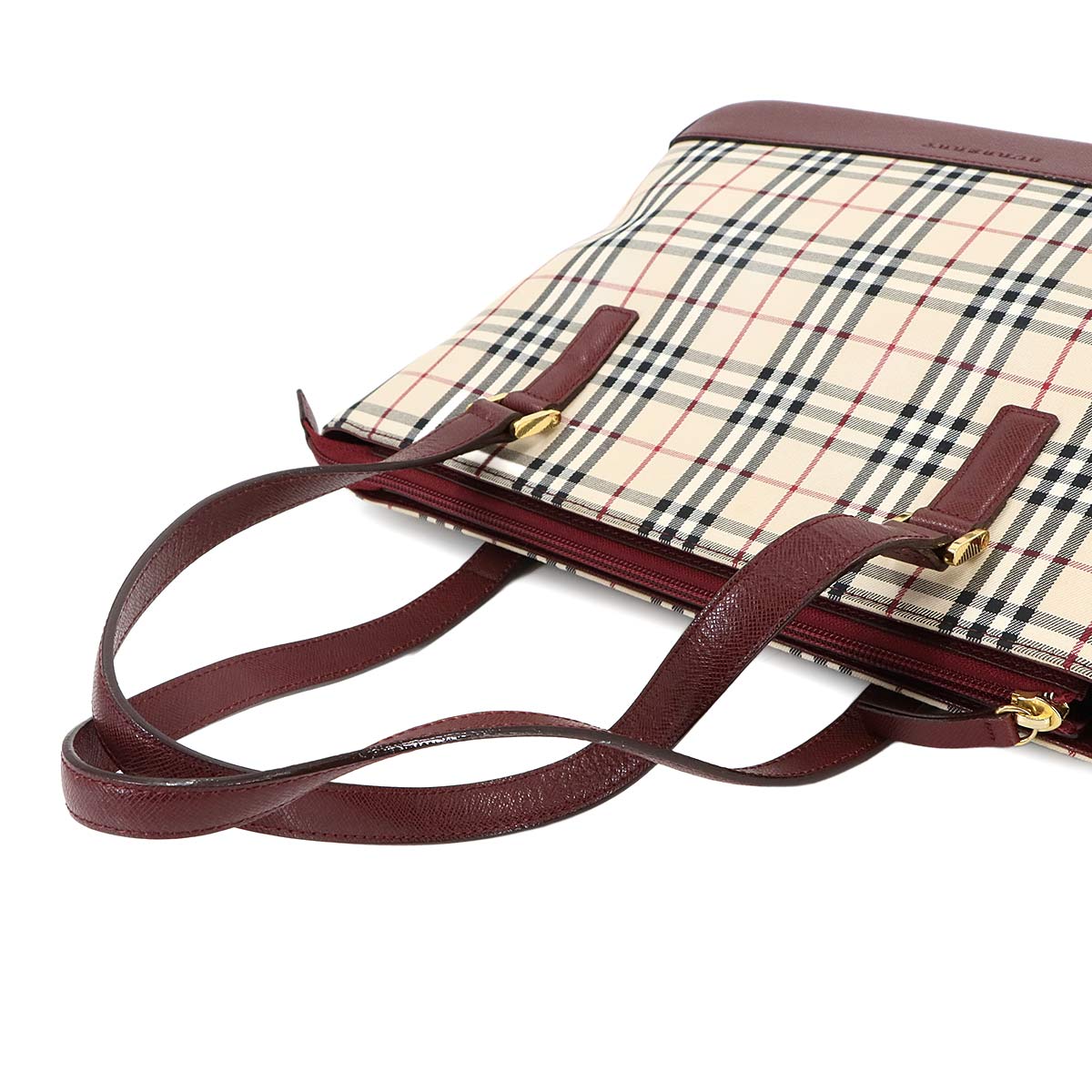 Plaid Hand Bag Canvas Leather Beige Red Purse