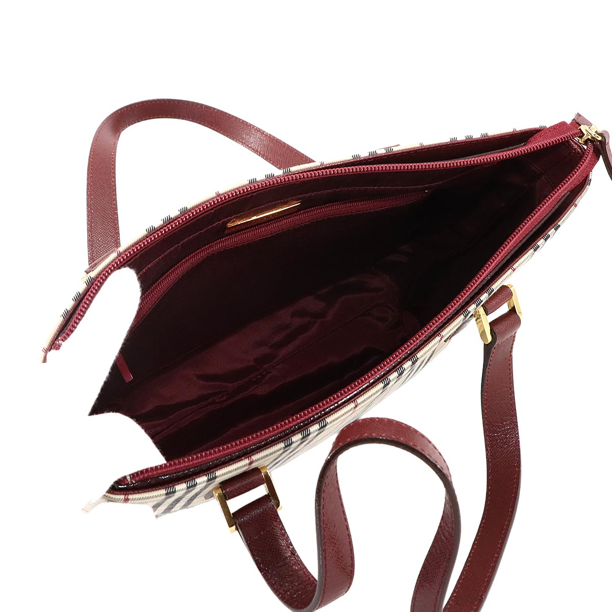 Plaid Hand Bag Canvas Leather Beige Red Purse