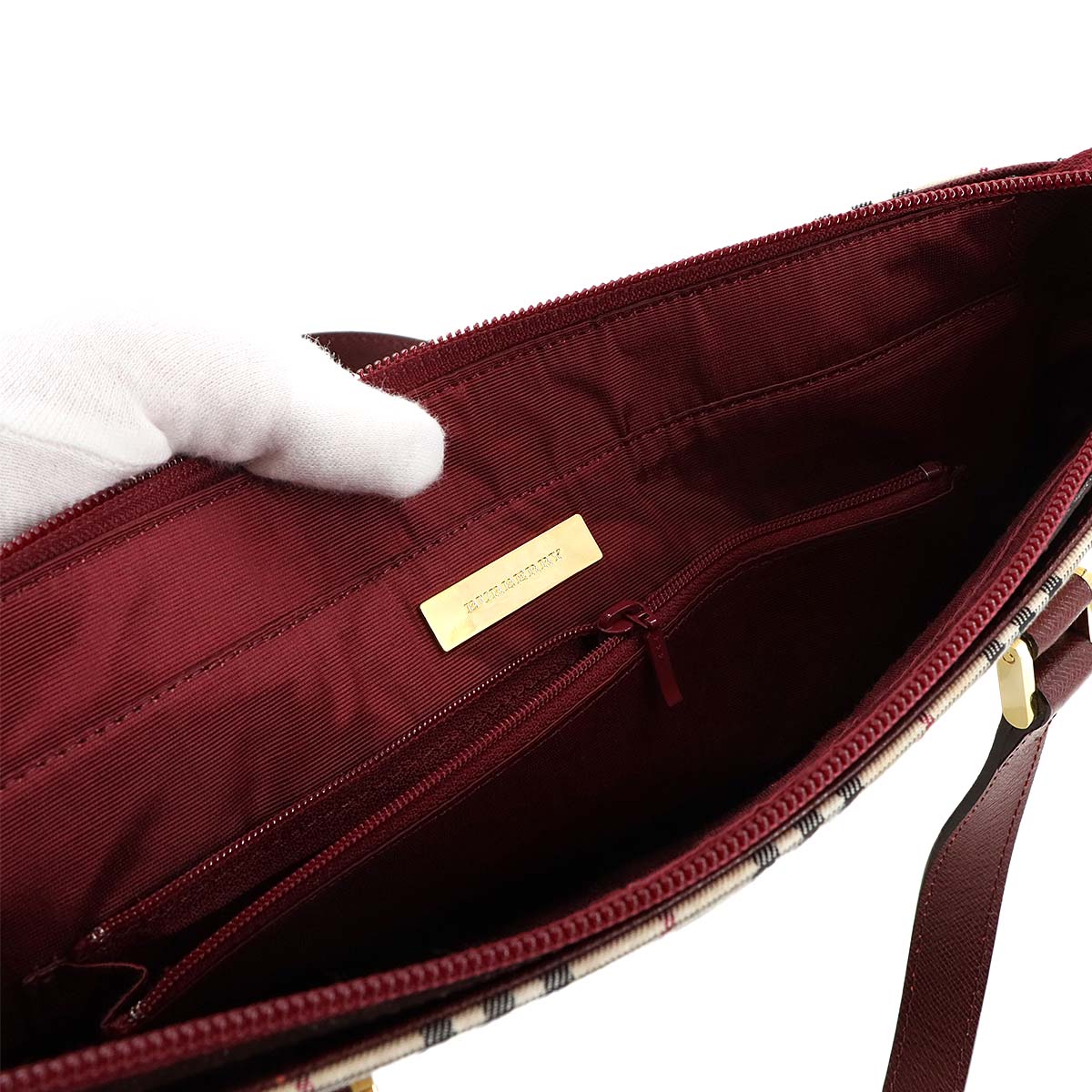 Plaid Hand Bag Canvas Leather Beige Red Purse