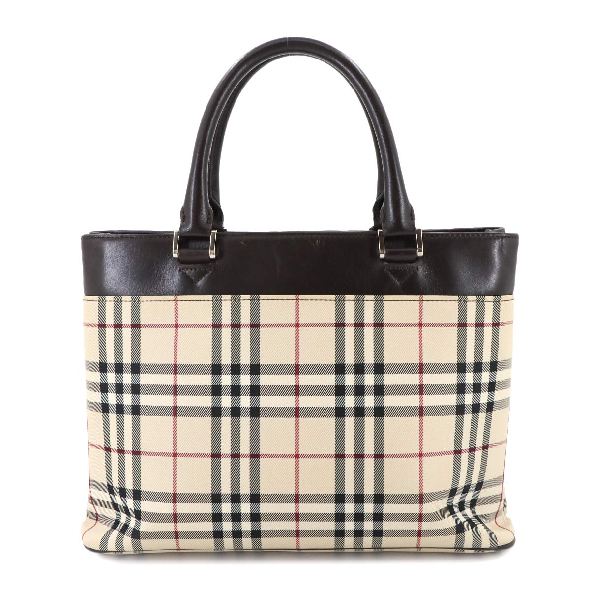 Plaid Hand Bag Canvas Leather Beige Brown Purse