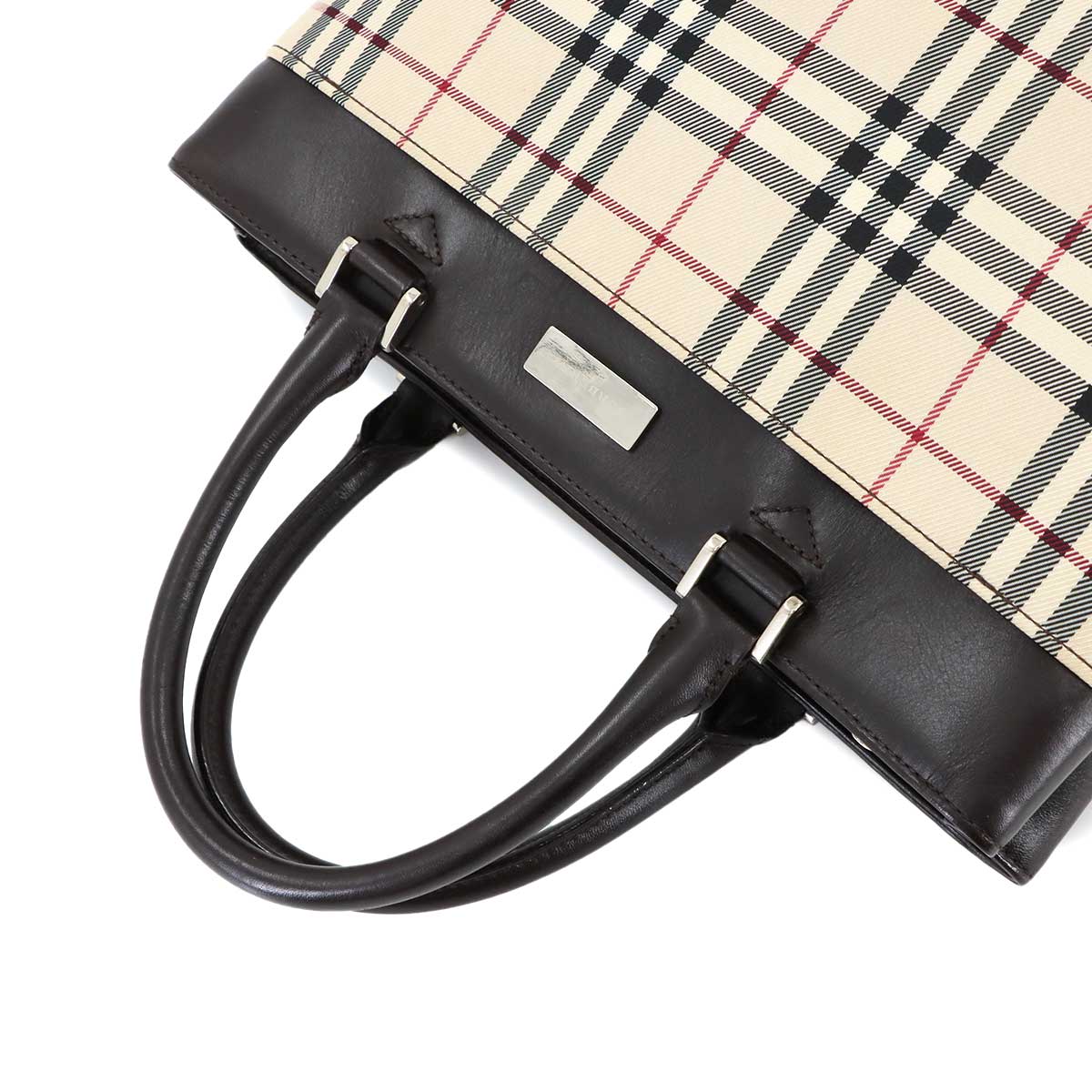 Plaid Hand Bag Canvas Leather Beige Brown Purse