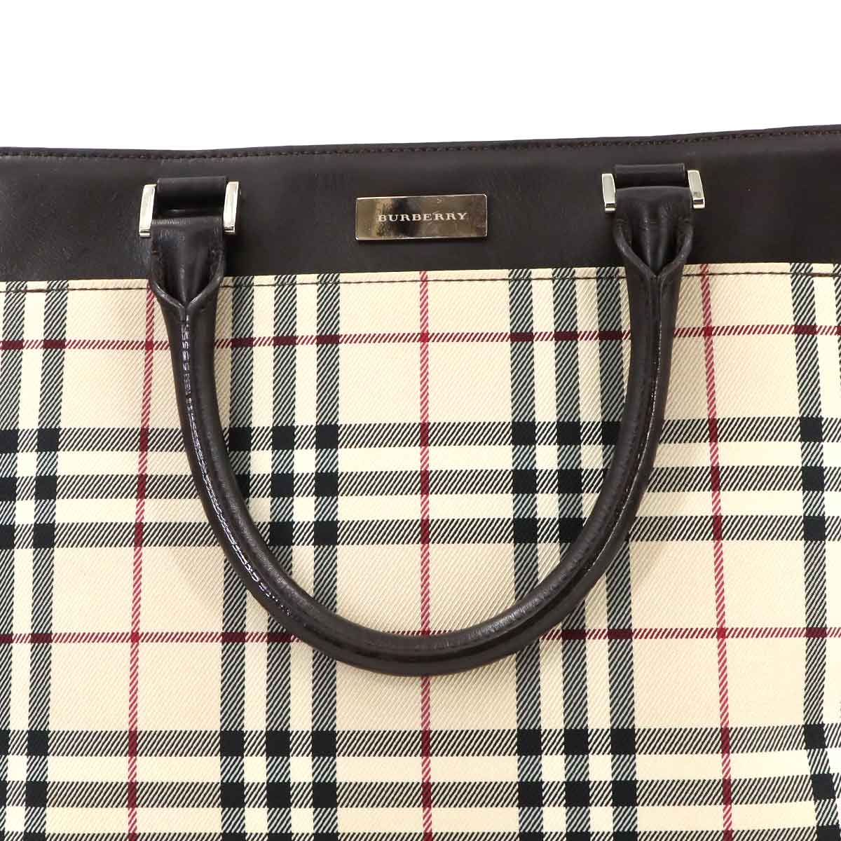 Plaid Hand Bag Canvas Leather Beige Brown Purse