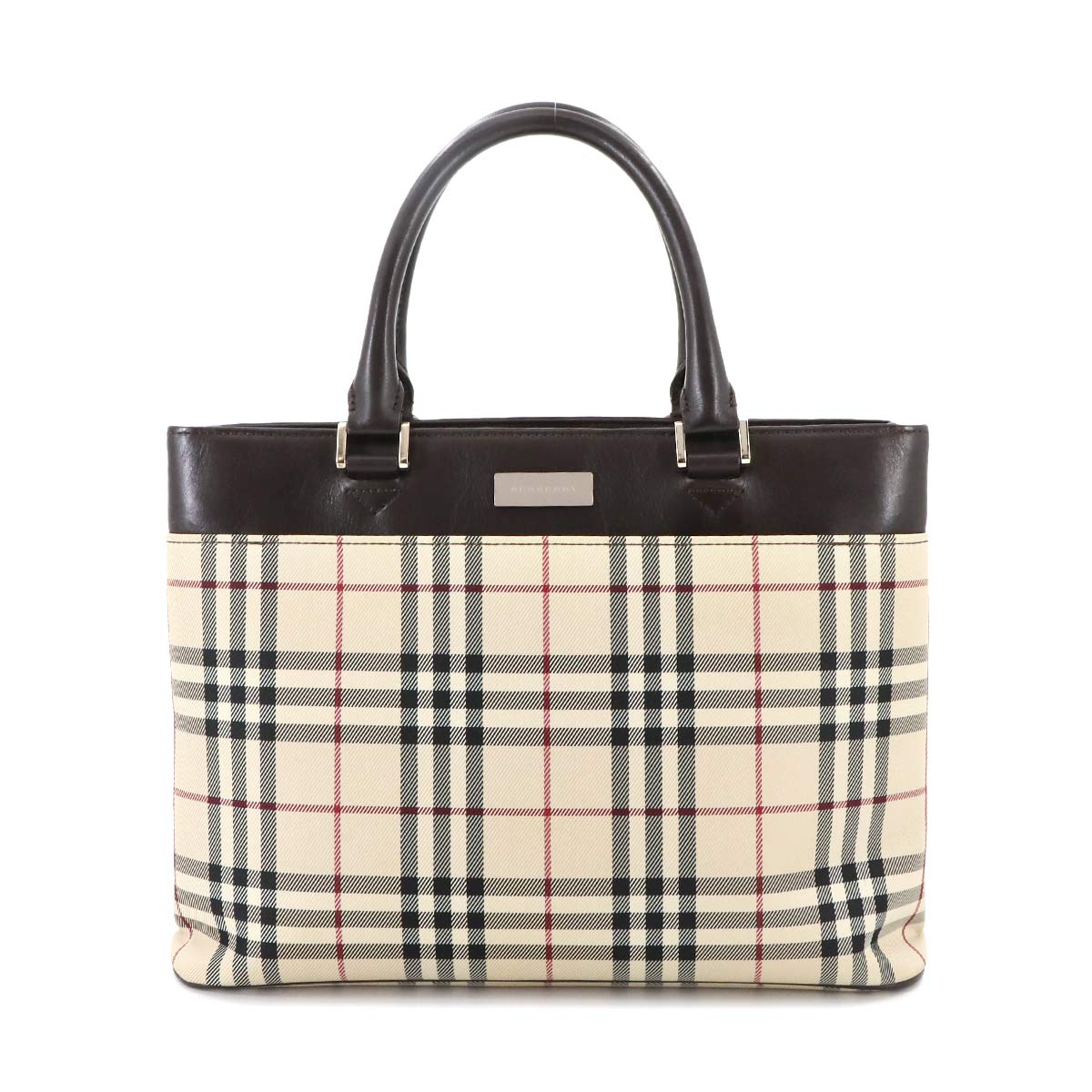 Plaid Hand Bag Canvas Leather Beige Brown Purse