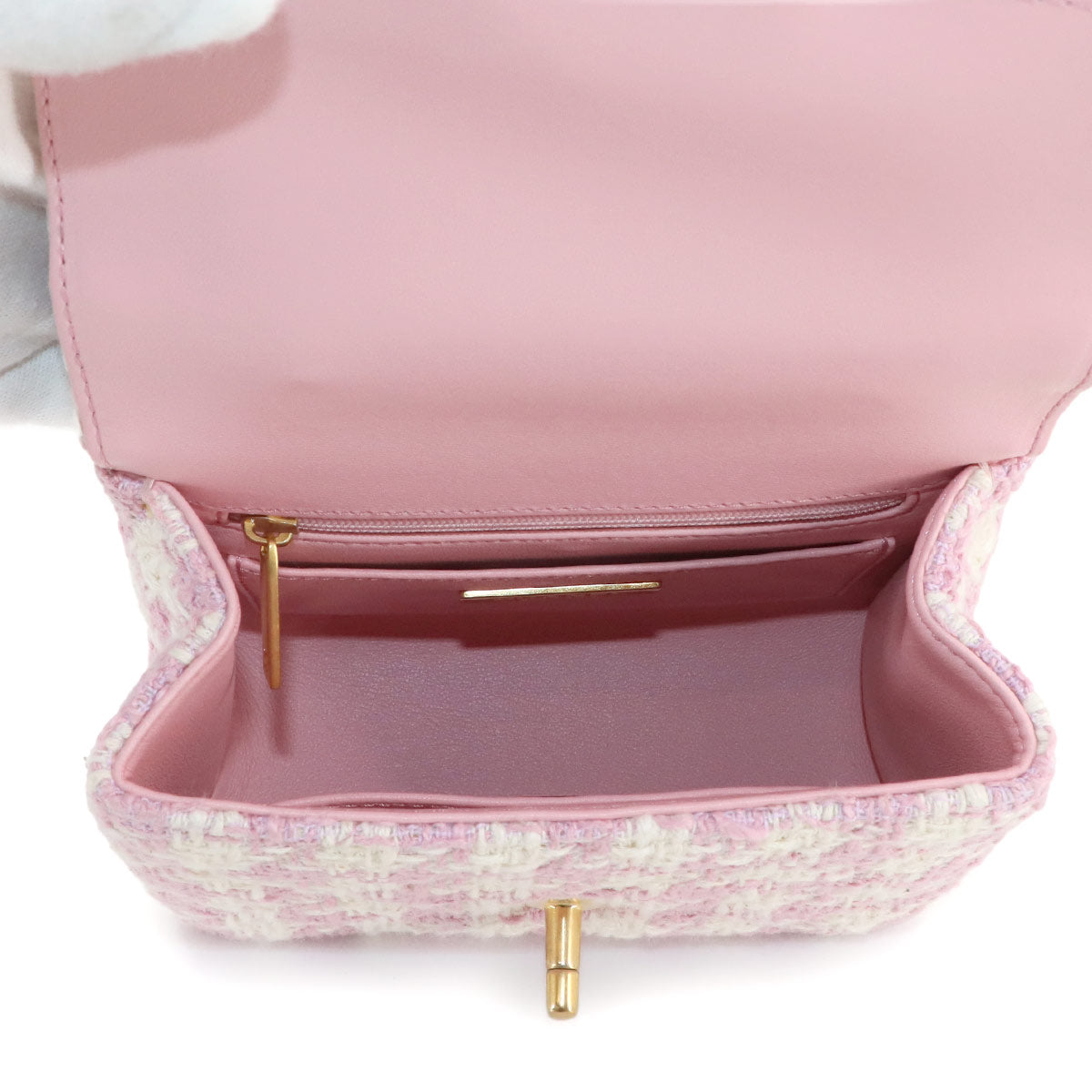 Matelasse Hand Chain Shoulder Bag Tweed Leather Pink AS4035