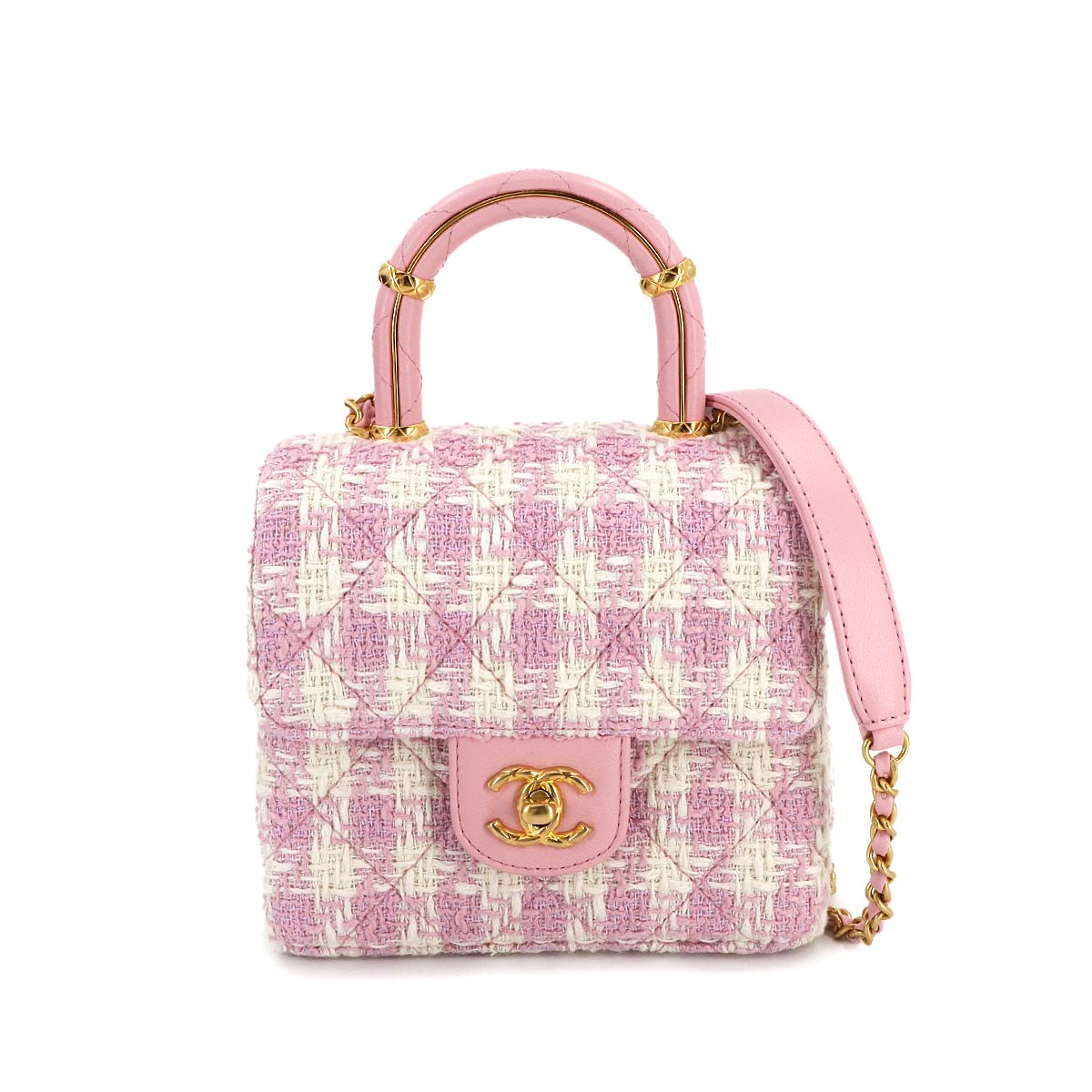 Matelasse Hand Chain Shoulder Bag Tweed Leather Pink AS4035