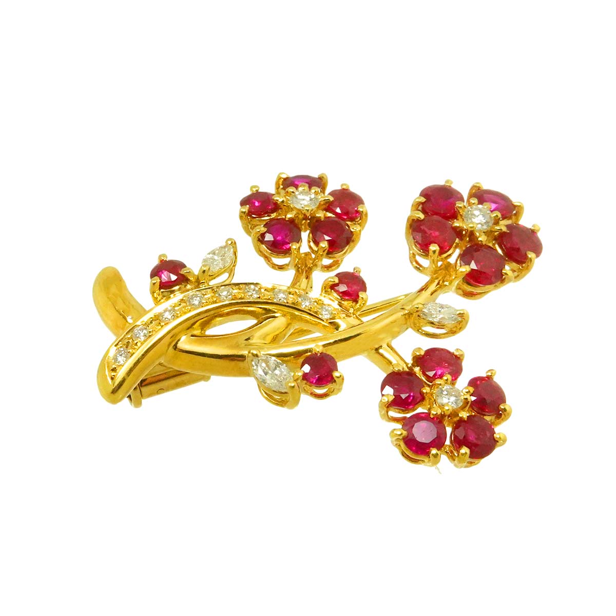 Ruby 3.05ct Diamond 0.40ct Flower Brooch 18K YG 750