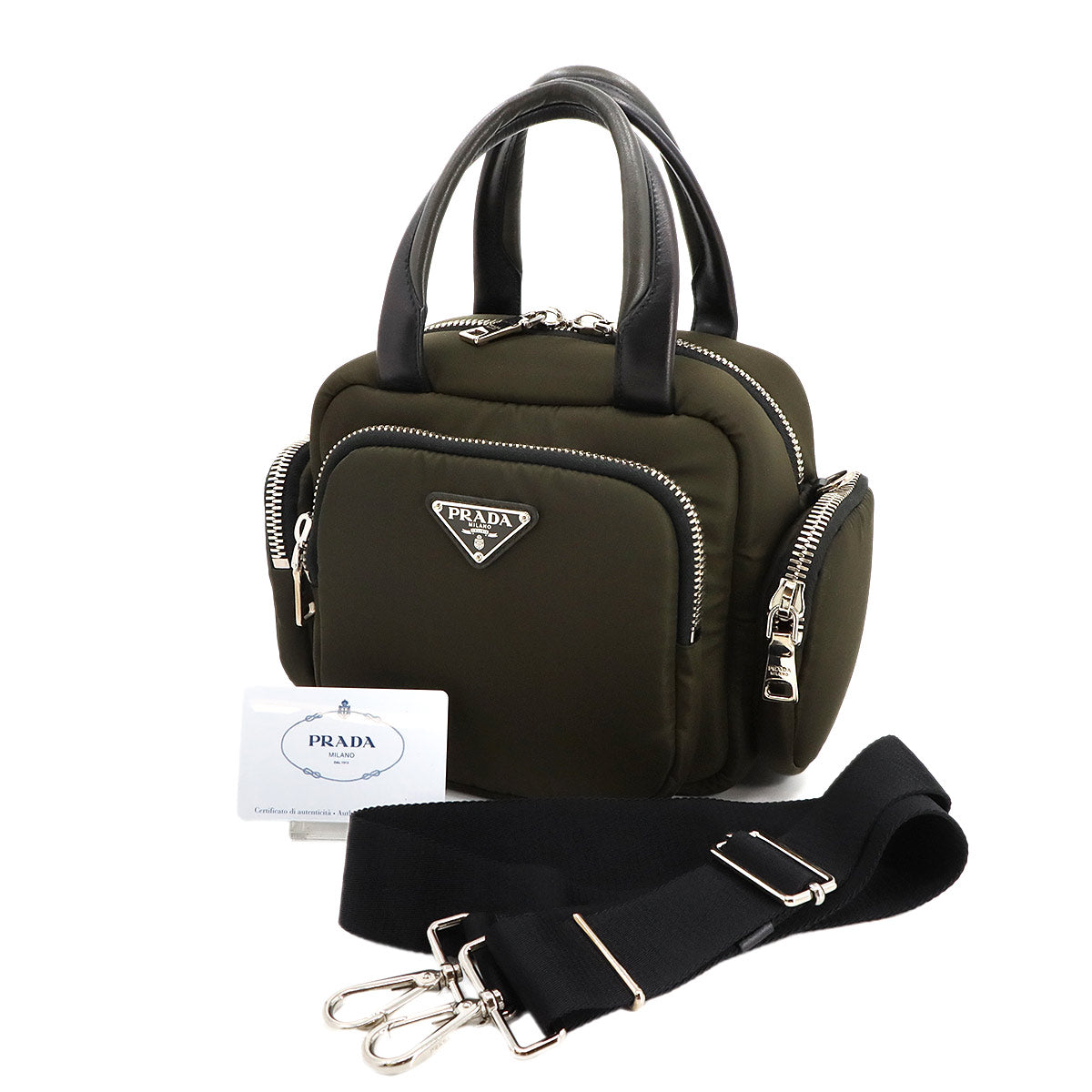 Hand Shoulder Bag Nylon Leather Khaki 1BB061 Purse