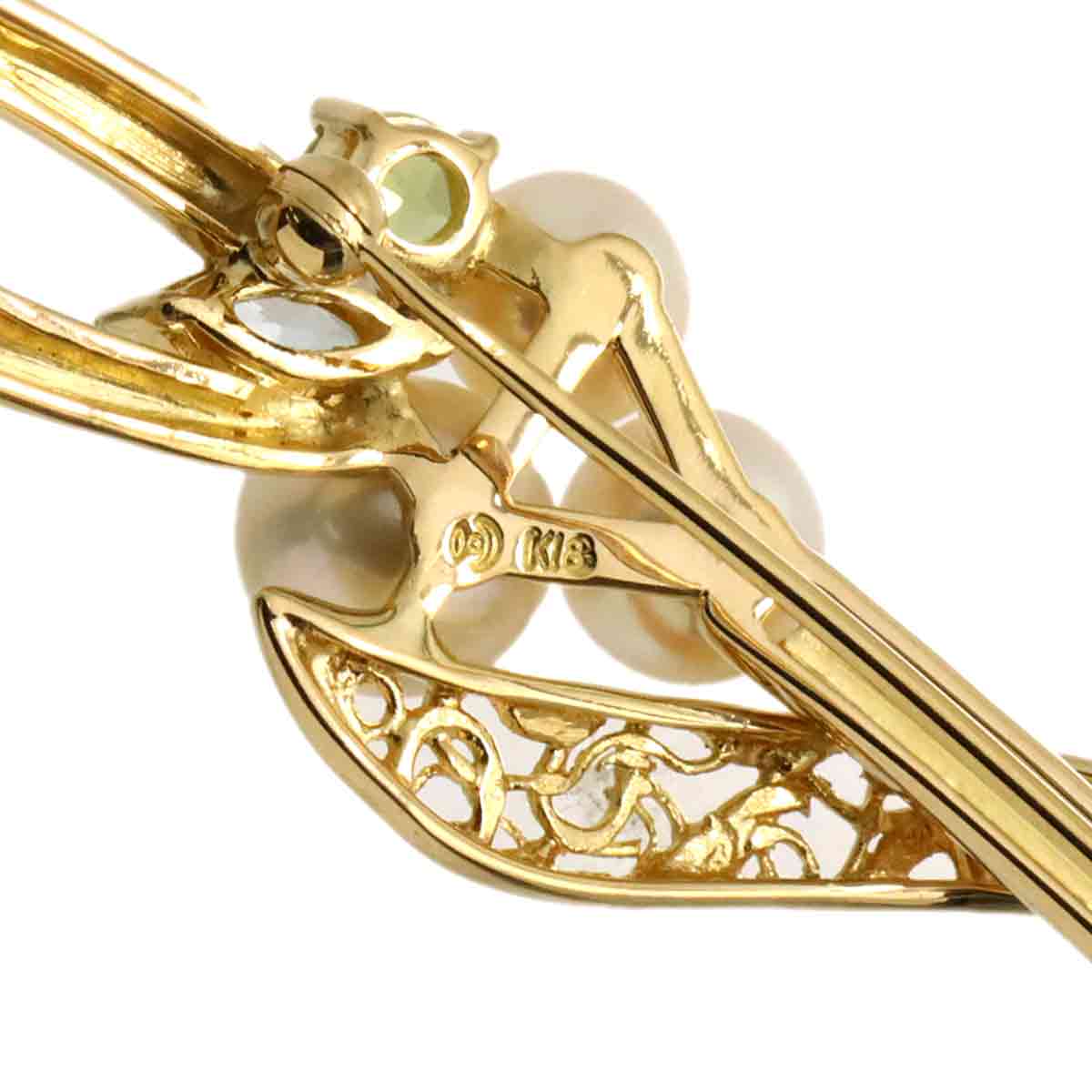 Akoya pearl Peridot Aquamarine Brooch 18K Yellow Gold 750