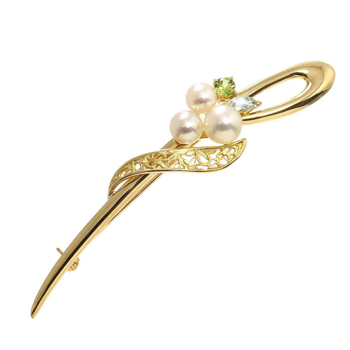 Akoya pearl Peridot Aquamarine Brooch 18K Yellow Gold 750