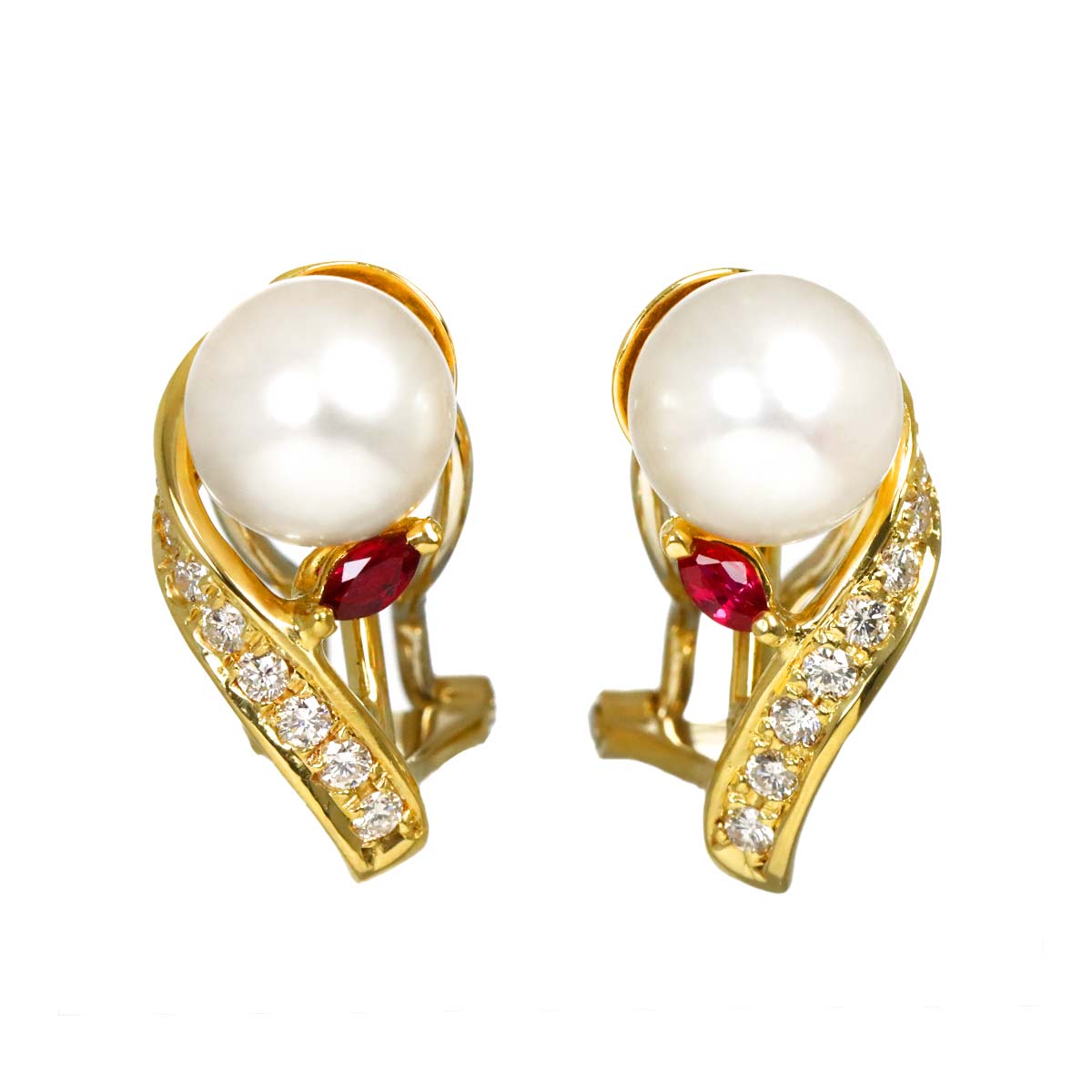 Akoya Pearl 7.8mm Diamond Ruby Earrings Pierced 18K YG 750