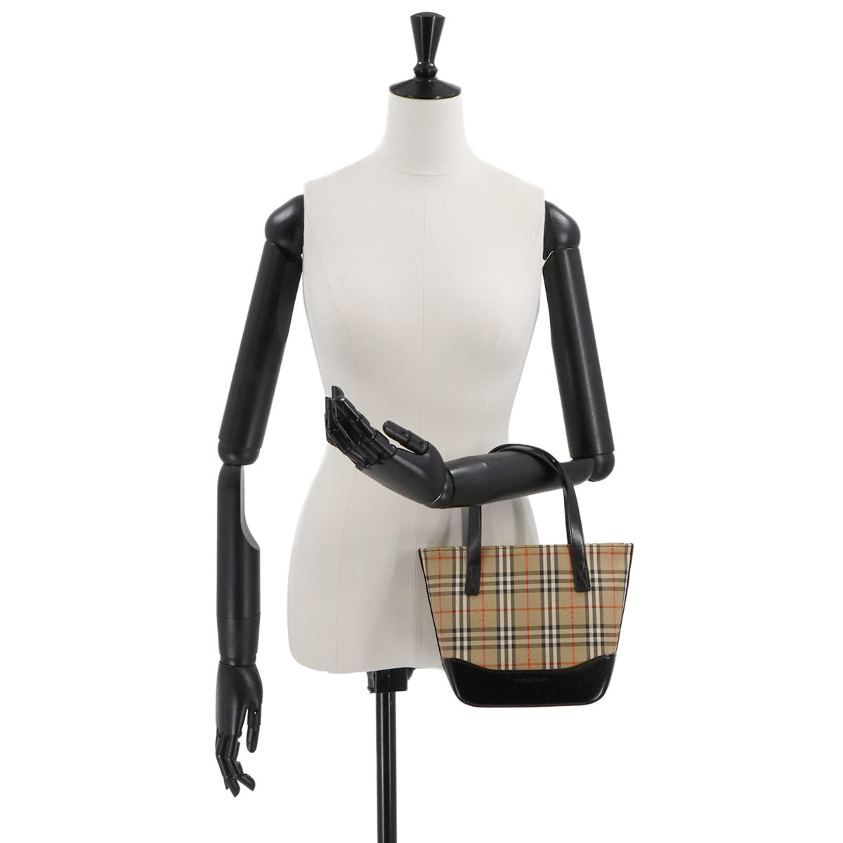 Plaid Hand Bag Canvas Leather Beige Black Purse