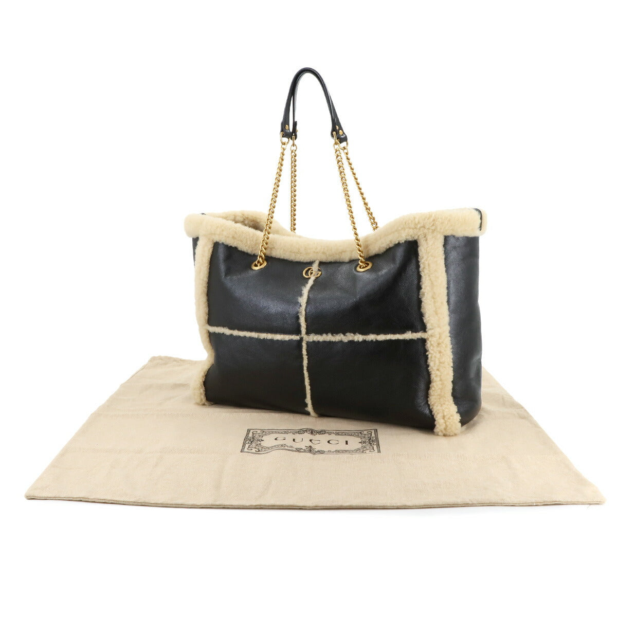 GG Marmont Chain Tote Bag Leather Shearling Black 735203 Purse