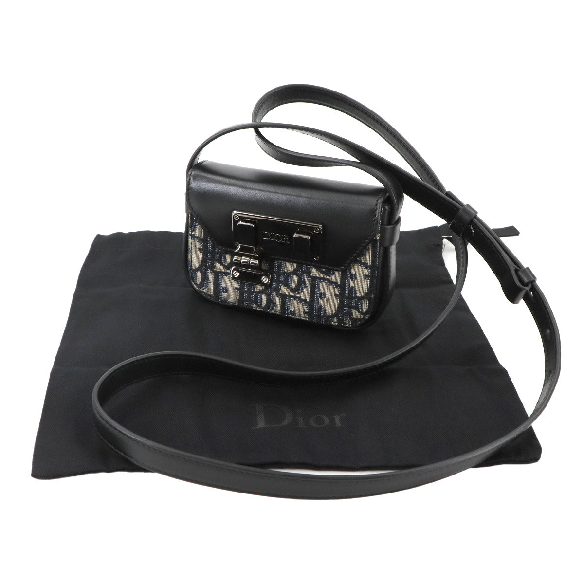 Oblique Dior Lock Shoulder Bag Canvas Leather Navy