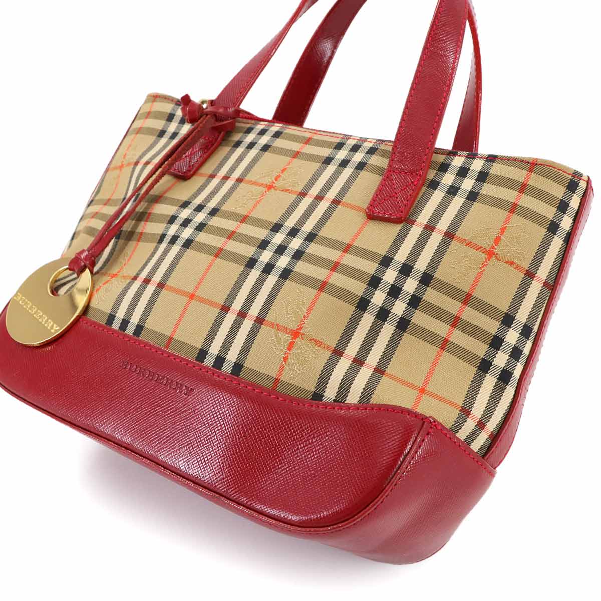 Plaid Small Hand Bag Canvas Leather Beige Red Haymarket