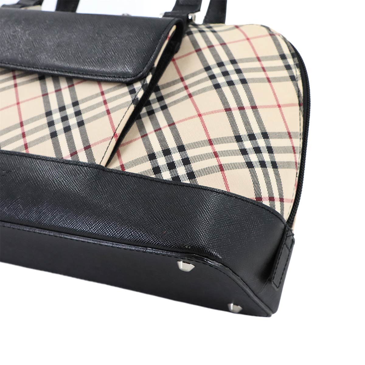 Plaid Hand Bag Canvas Leather Beige Black Purse