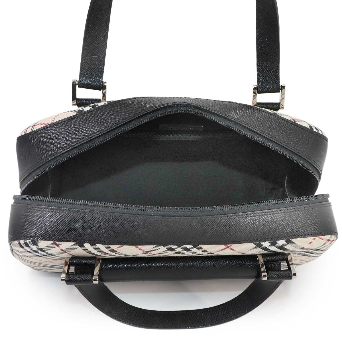 Plaid Hand Bag Canvas Leather Beige Black Purse