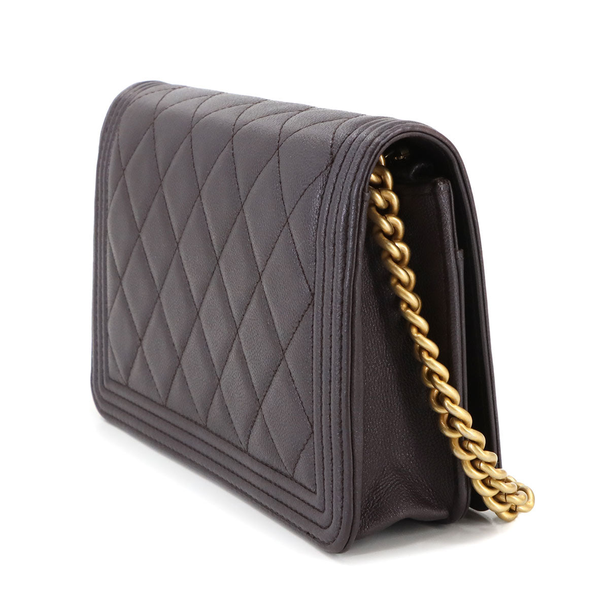 Boychanel Chain Long Wallet Caviar Skin Leather Brown AP1117