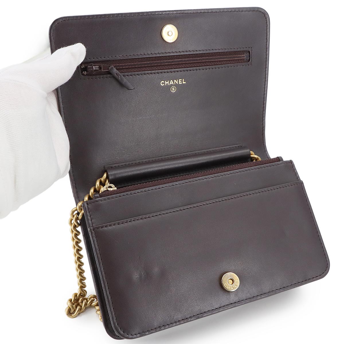 Boychanel Chain Long Wallet Caviar Skin Leather Brown AP1117