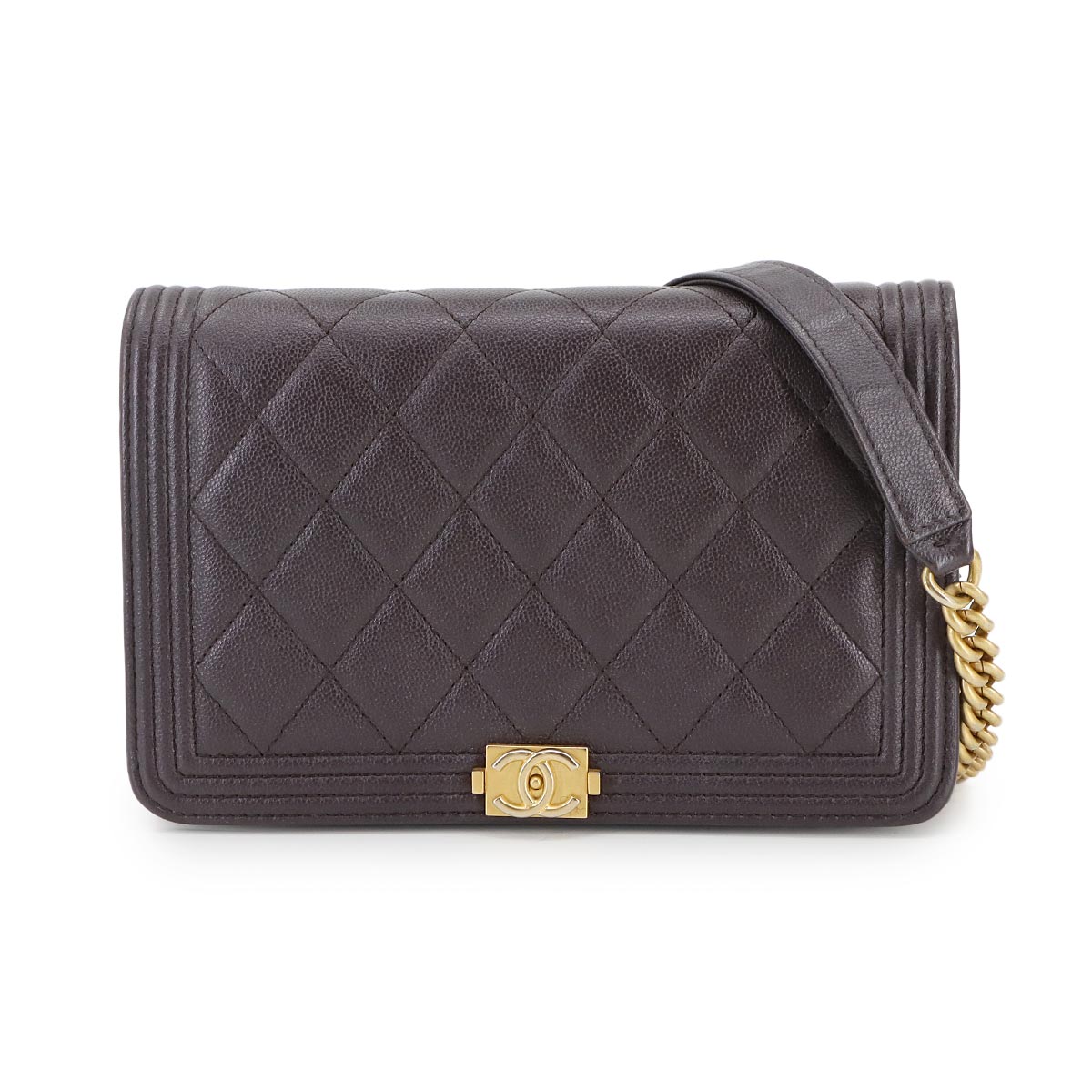 Boychanel Chain Long Wallet Caviar Skin Leather Brown AP1117