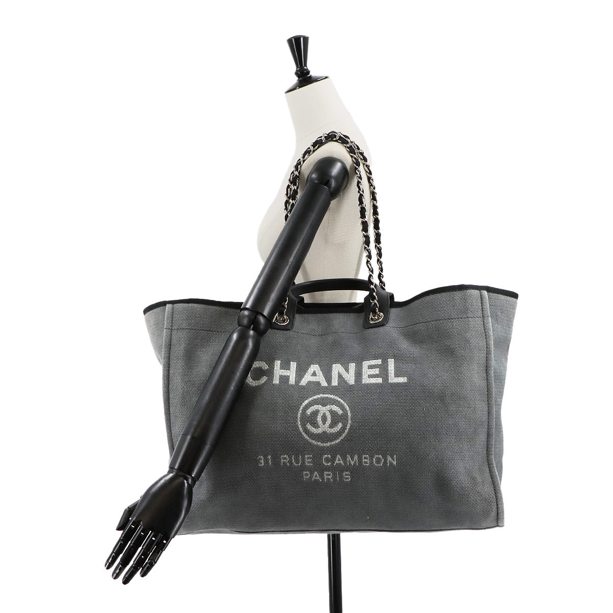 Deauville TGM Tote Chain Shoulder Bag Gray Black Purse