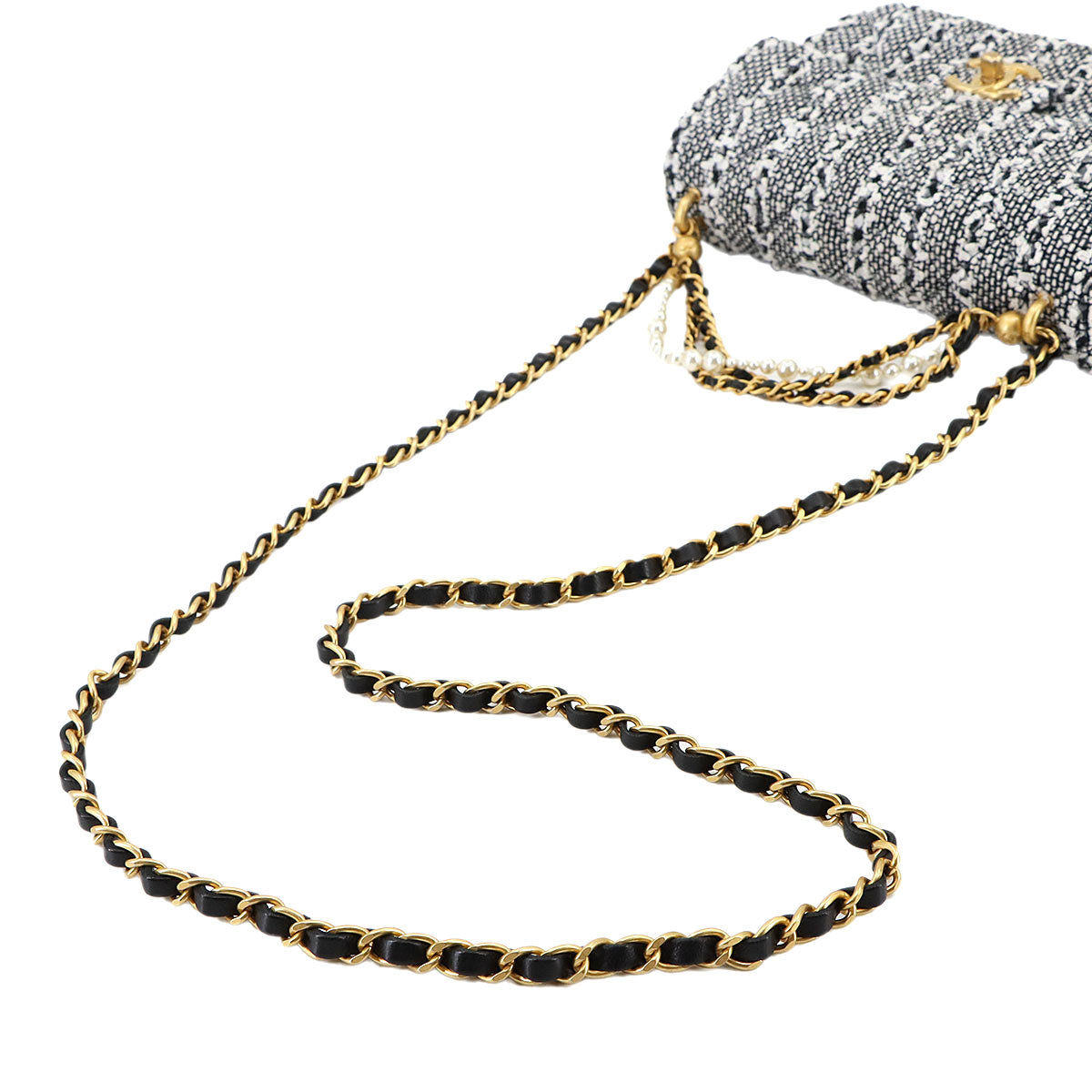 2way Chain Hand Shoulder Bag Tweed Leather White Black AS4384