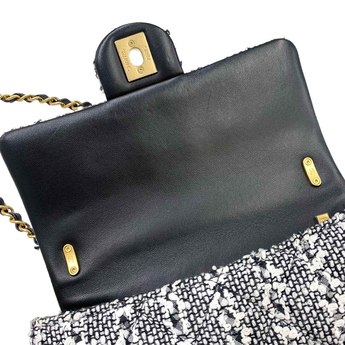 2way Chain Hand Shoulder Bag Tweed Leather White Black AS4384