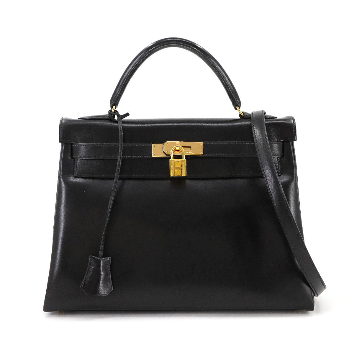 Kelly 32 Box calf Black 2way Hand Shoulder Bag Purse