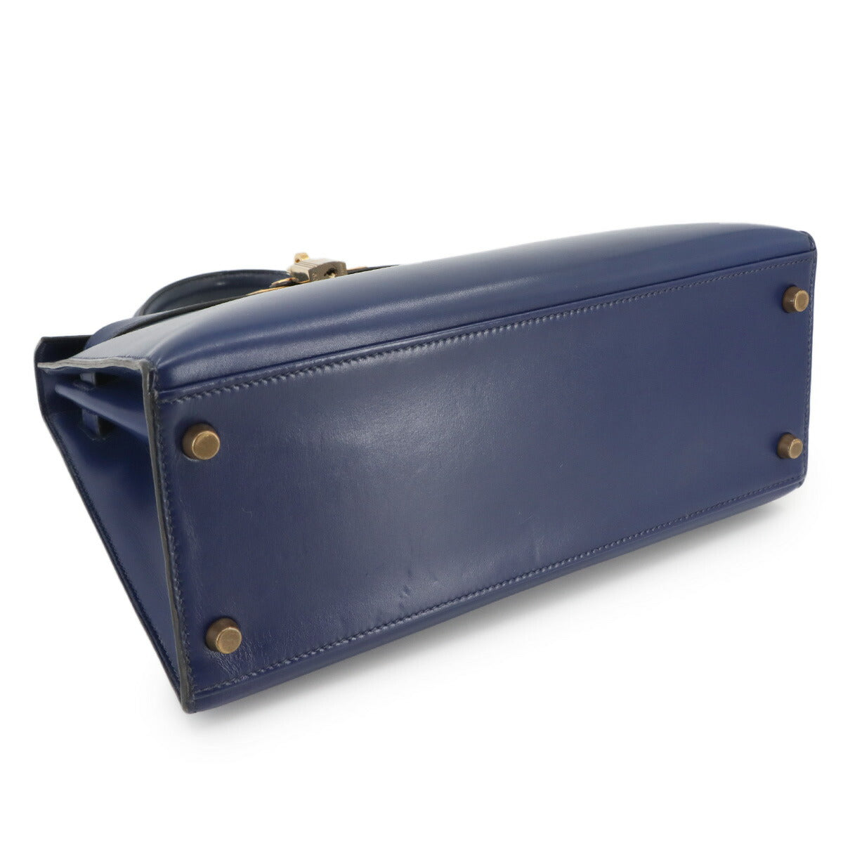 Kelly 28 Box Calf Leather Blue Hand Shoulder Bag Vintage