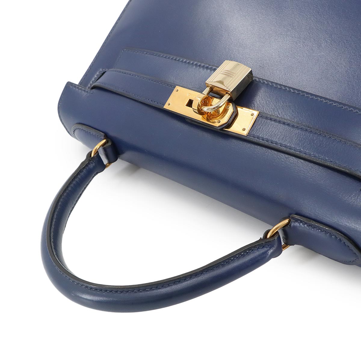 Kelly 28 Box Calf Leather Blue Hand Shoulder Bag Vintage