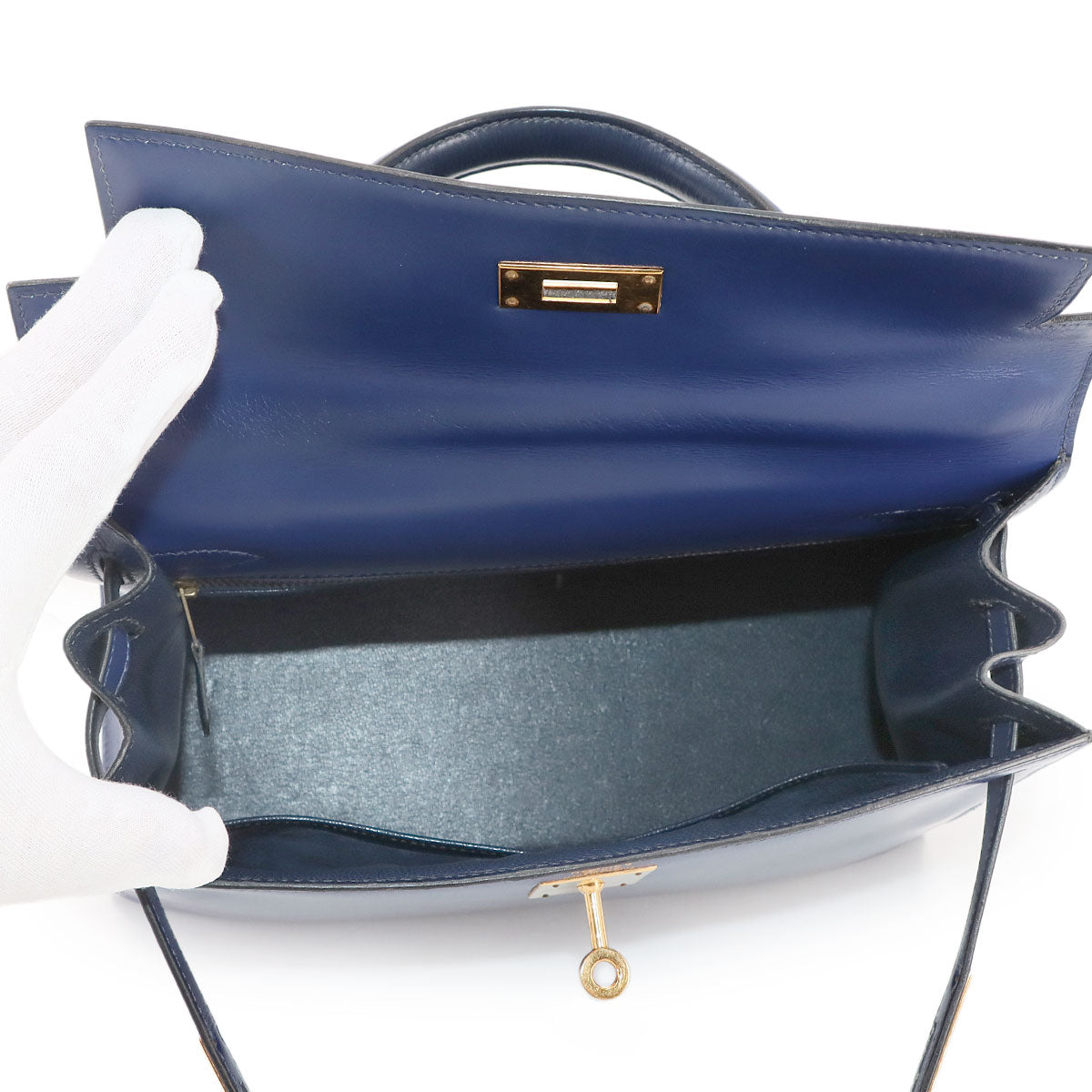 Kelly 28 Box Calf Leather Blue Hand Shoulder Bag Vintage