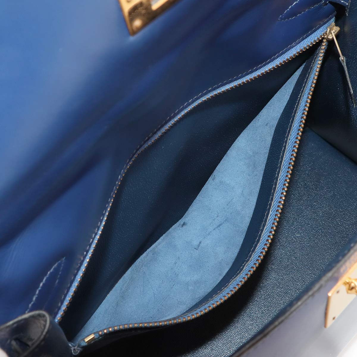 Kelly 28 Box Calf Leather Blue Hand Shoulder Bag Vintage