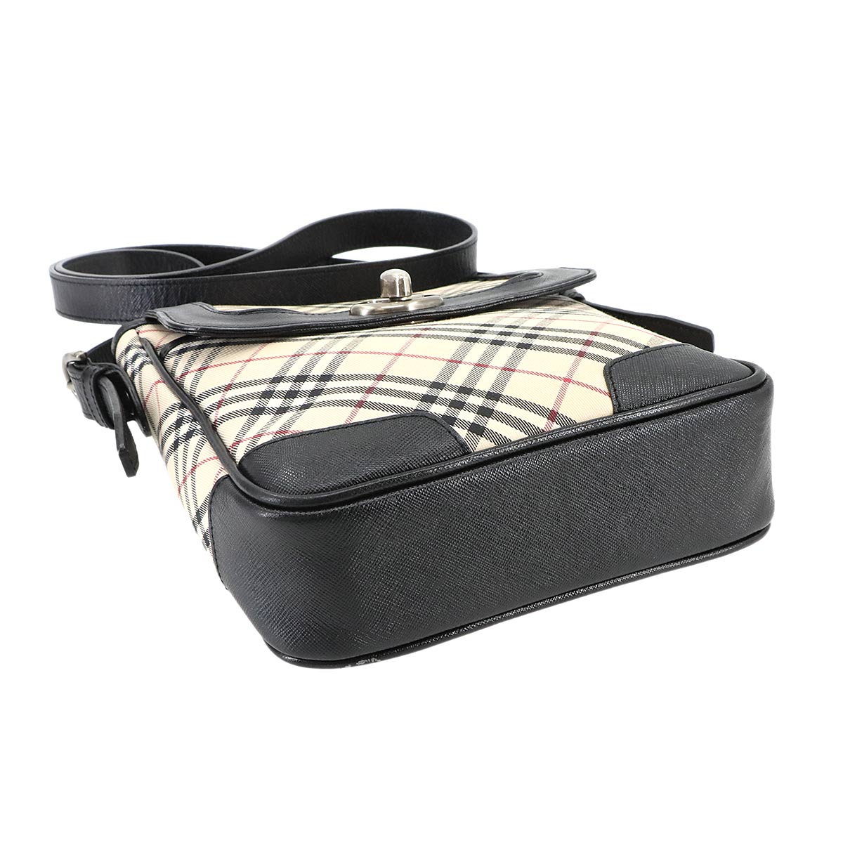 Plaid Shoulder Bag Canvas Leather Beige Black Purse