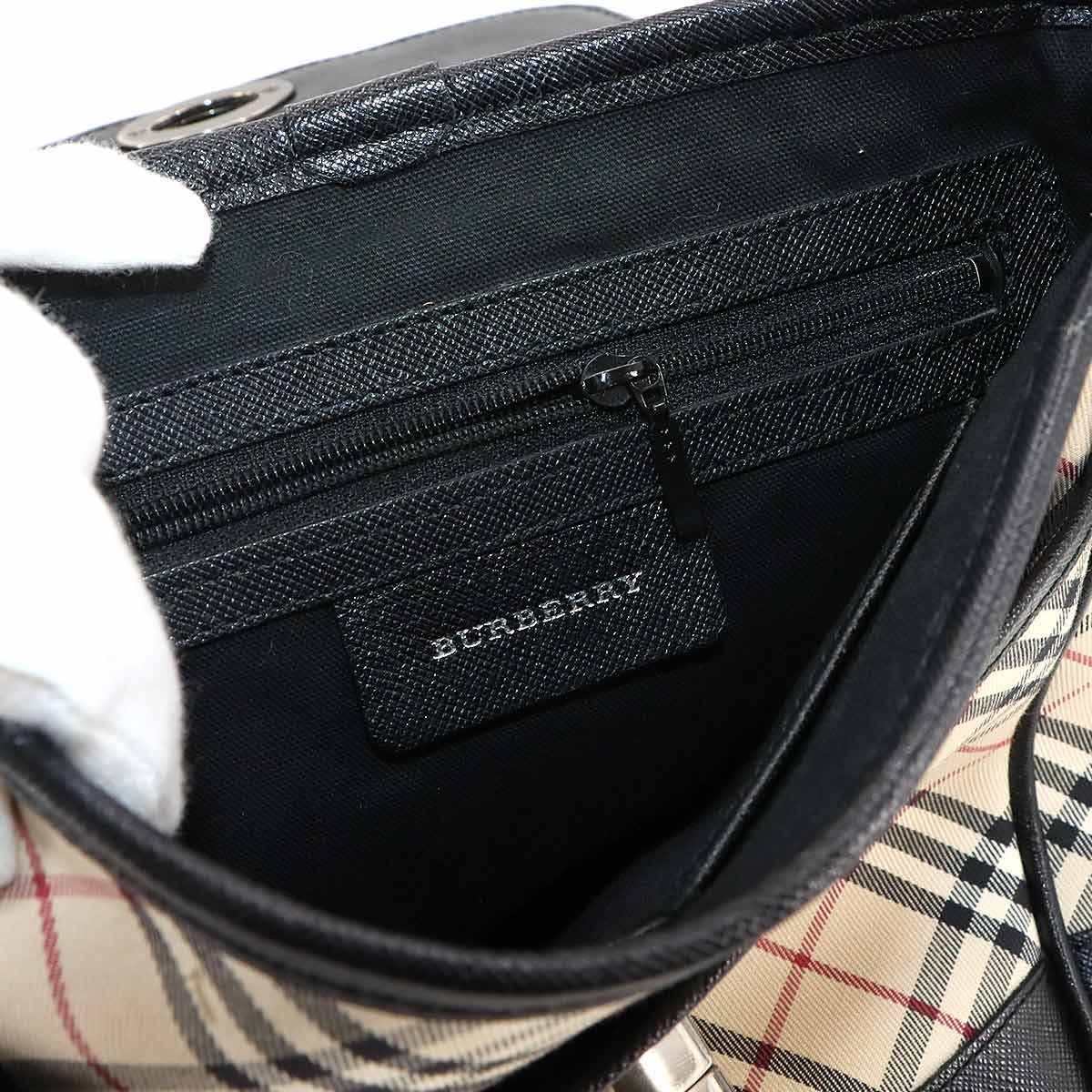 Plaid Shoulder Bag Canvas Leather Beige Black Purse